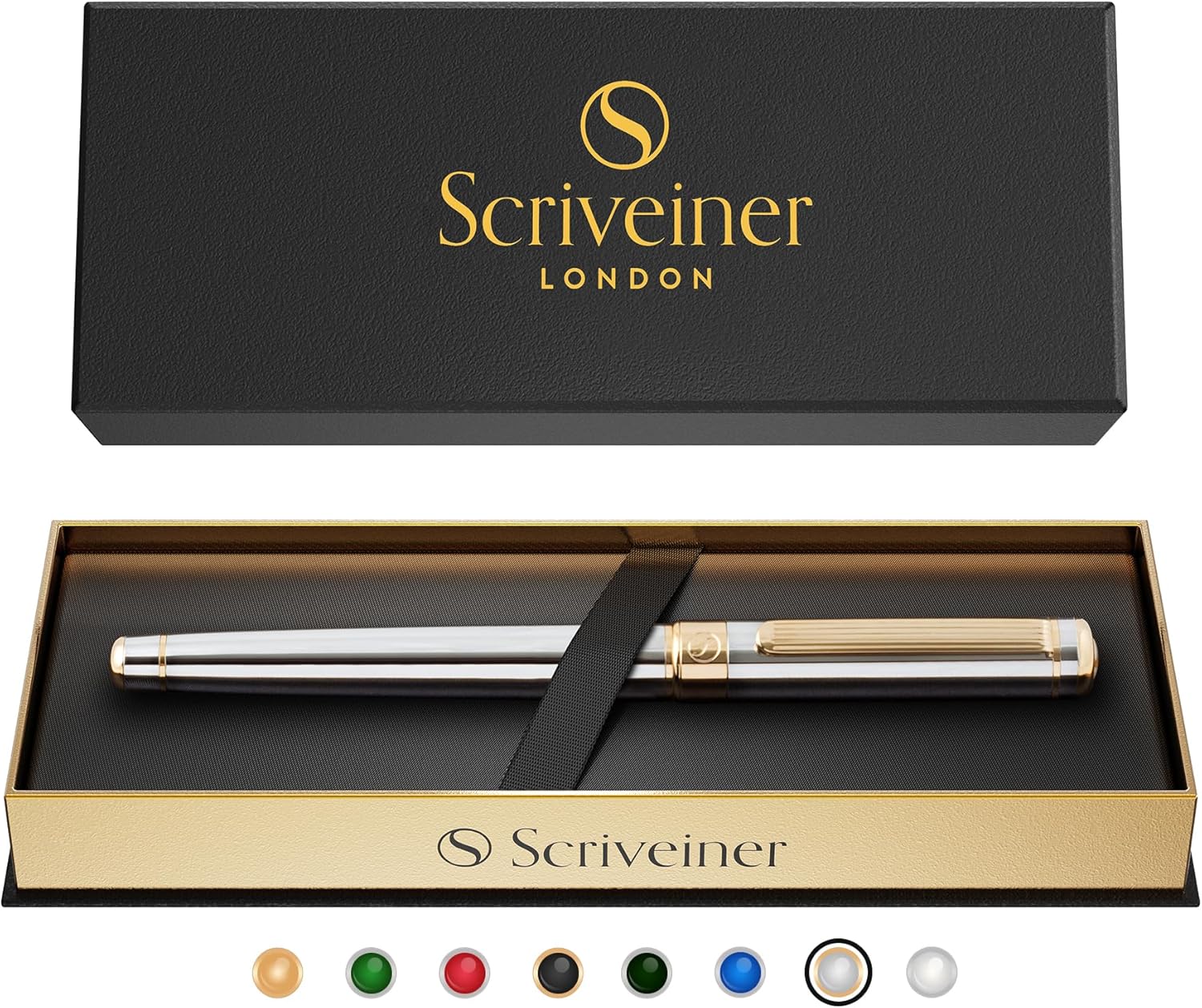 Scriveiner Silver Chrome Rollerball Pen - Stunning Luxury Pen with 24K Gold Finish, Schmidt Ink Refill, Best Roller Ball Pen Gift Set for Men & Women, Professional, Executive Office, Nice, Fancy Pens-8