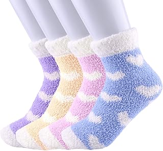 FEPITO 4 Pairs Women Fuzzy Bed Socks Winter Fluffy Cozy Socks Slipper Socks for Ladies