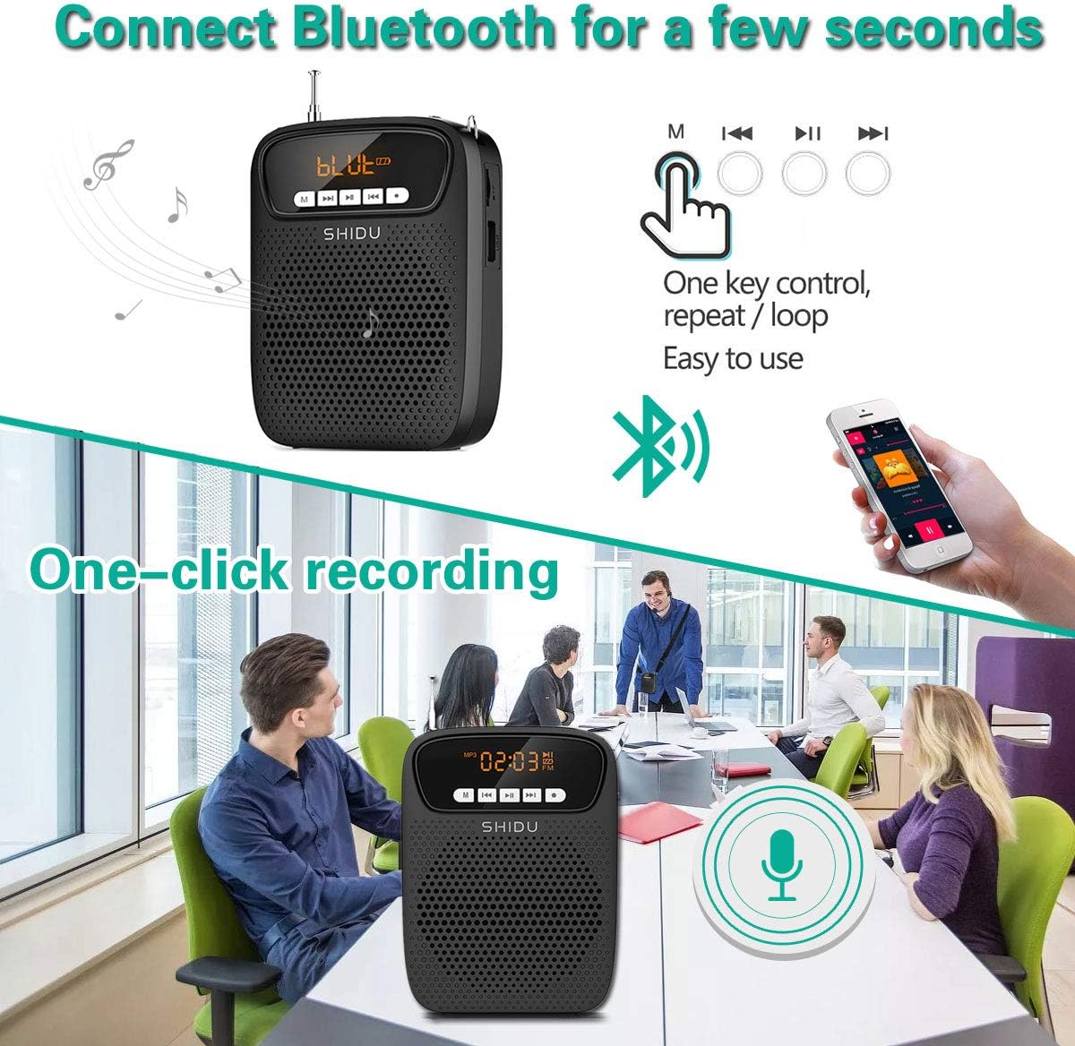 Bluetooth Voice Amplifier with Wired Microphone, 15W 2000mAh Rechargeable Battery Portable Audio System Clip on Microphone Speaker for Teachers Classroom, Presentation, Tour Guides ect-5