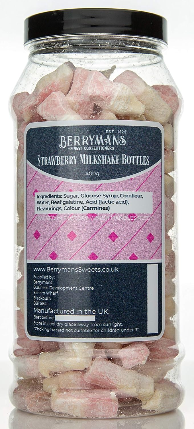 Original Strawberry Milkshake Bottles Gums Retro Sweets Gift Jar by Berrymans Sweet Shop - Classic Sweets, Traditional Taste.-1