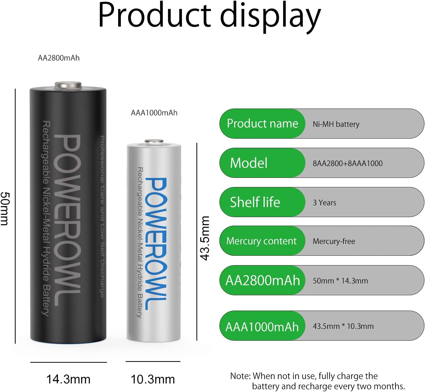 POWEROWL 16 x AA AAA Rechargeable Batteries Set, Pre-Charged 1.2V Ni-MH Batteries (8 x 2800mAh AA Batteries & 8 X 1000mAh AAA Batteries)-2