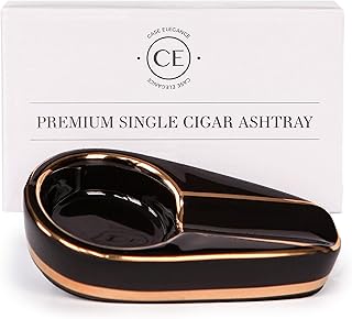 CASE ELEGANCE Black and Gold Inlay Ceramic Ashtray for Single Cigar (Black & Gold)