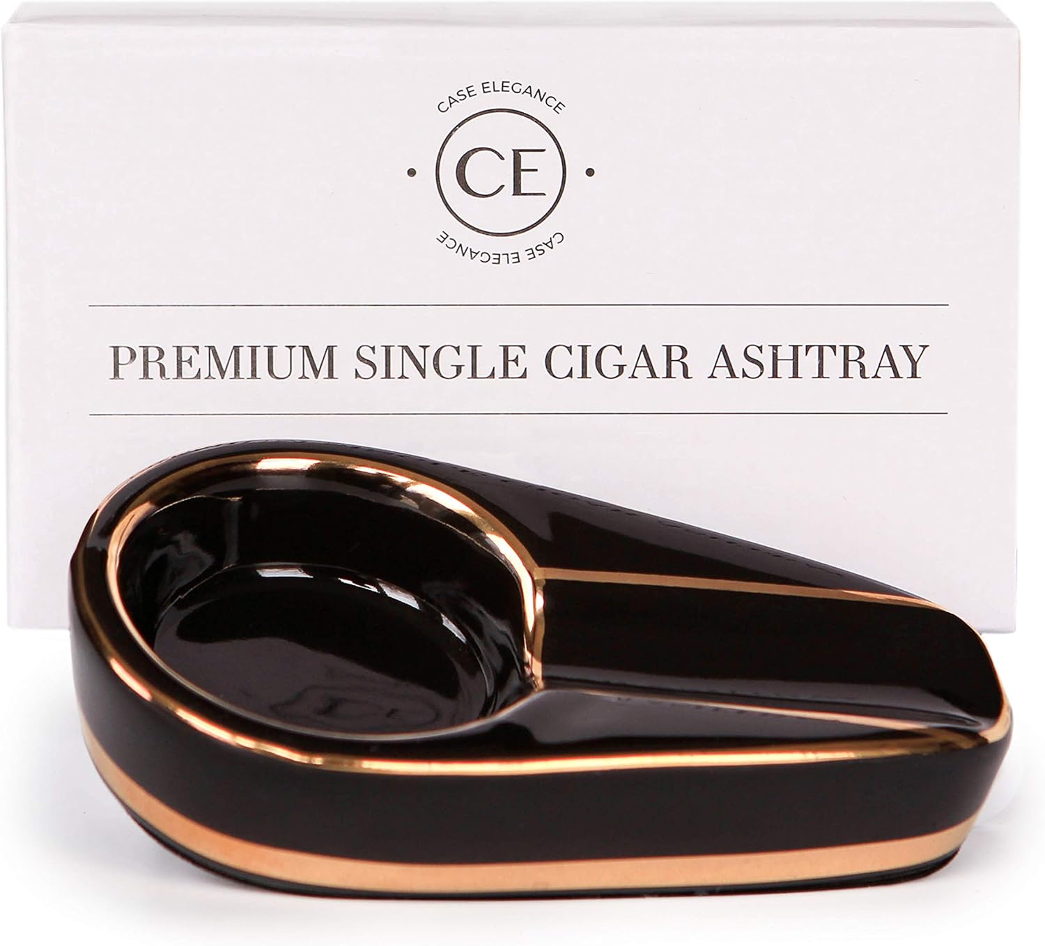 CASE ELEGANCE Black and Gold Inlay Ceramic Ashtray for Single Cigar (Black & Gold)-0