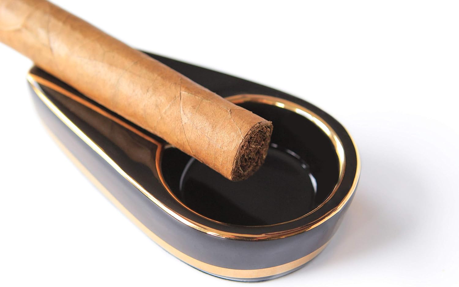 CASE ELEGANCE Black and Gold Inlay Ceramic Ashtray for Single Cigar (Black & Gold)-1