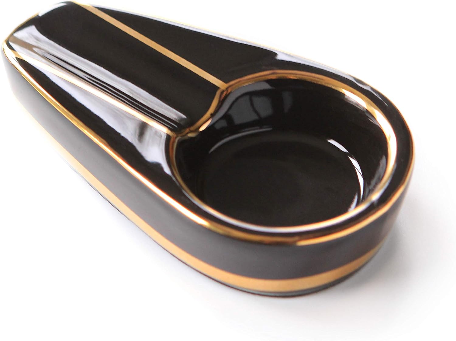 CASE ELEGANCE Black and Gold Inlay Ceramic Ashtray for Single Cigar (Black & Gold)-2