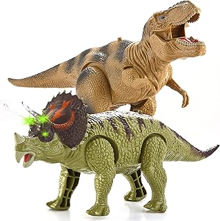 JOYIN 2 in 1 Dinosaur Realistic Walking T-rex Toy Electronic and Triceratops with Roaring Sounds