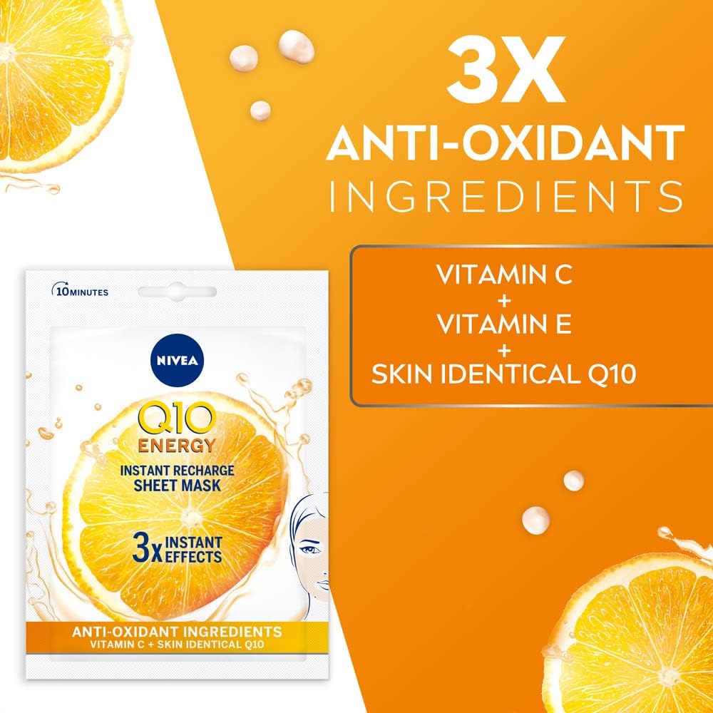 NIVEA Q10 + C Power Anti-Wrinkle + Energy Sheet Mask (1 Piece), Anti Ageing Moisturiser Mask with Vitamin C, Face Mask with Coenzyme Q10, Anti Wrinkle Cream Mask-2