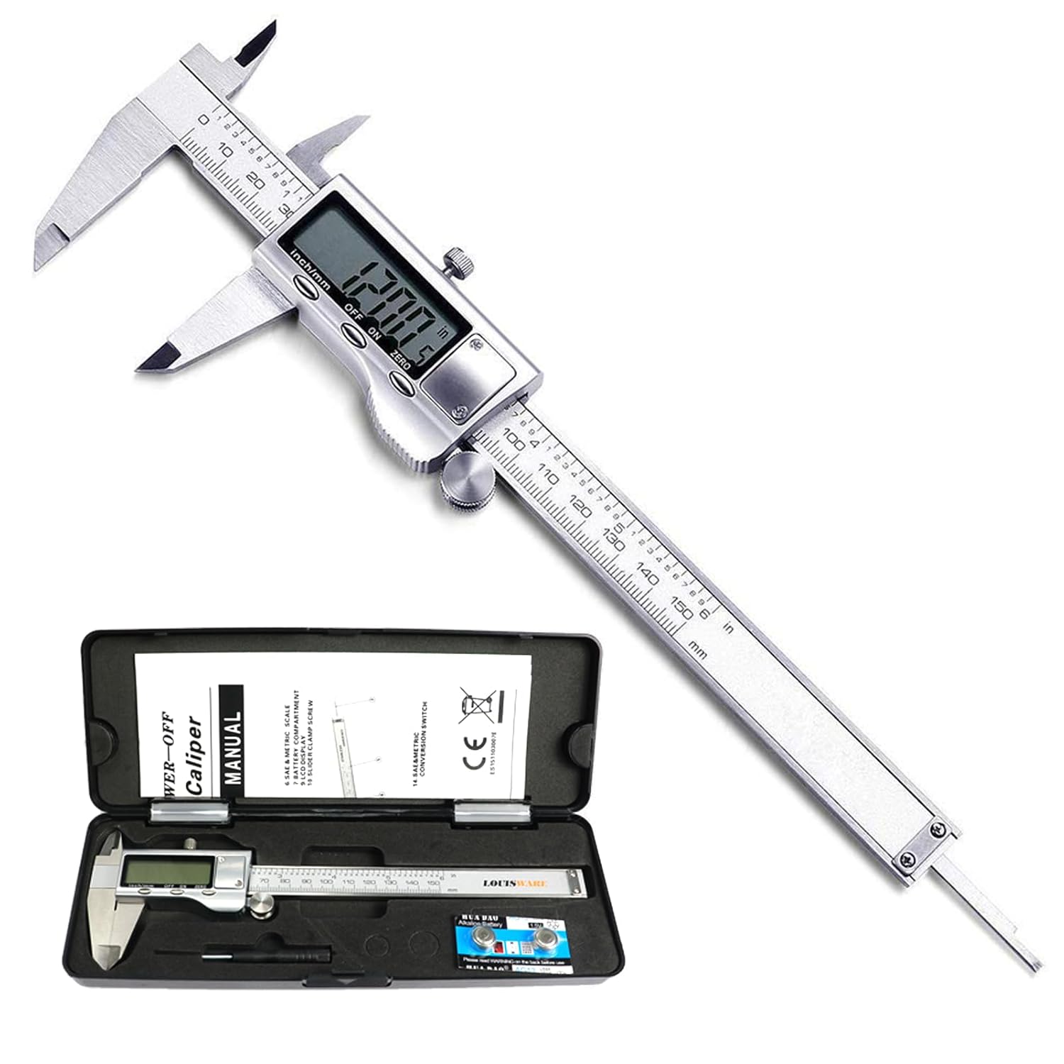 JPXVNY Digital Vernier Caliper, 150mm Caliper with Stainless Steel, Inch Millimeter Fraction Conversion, Measuring Tools Calipers Gauge with Large LCD Display Screen-0