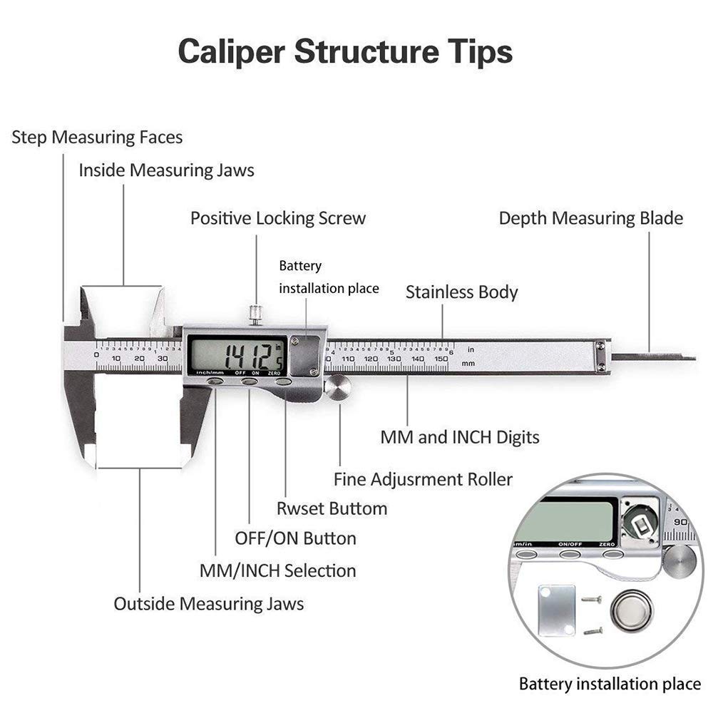 JPXVNY Digital Vernier Caliper, 150mm Caliper with Stainless Steel, Inch Millimeter Fraction Conversion, Measuring Tools Calipers Gauge with Large LCD Display Screen-2