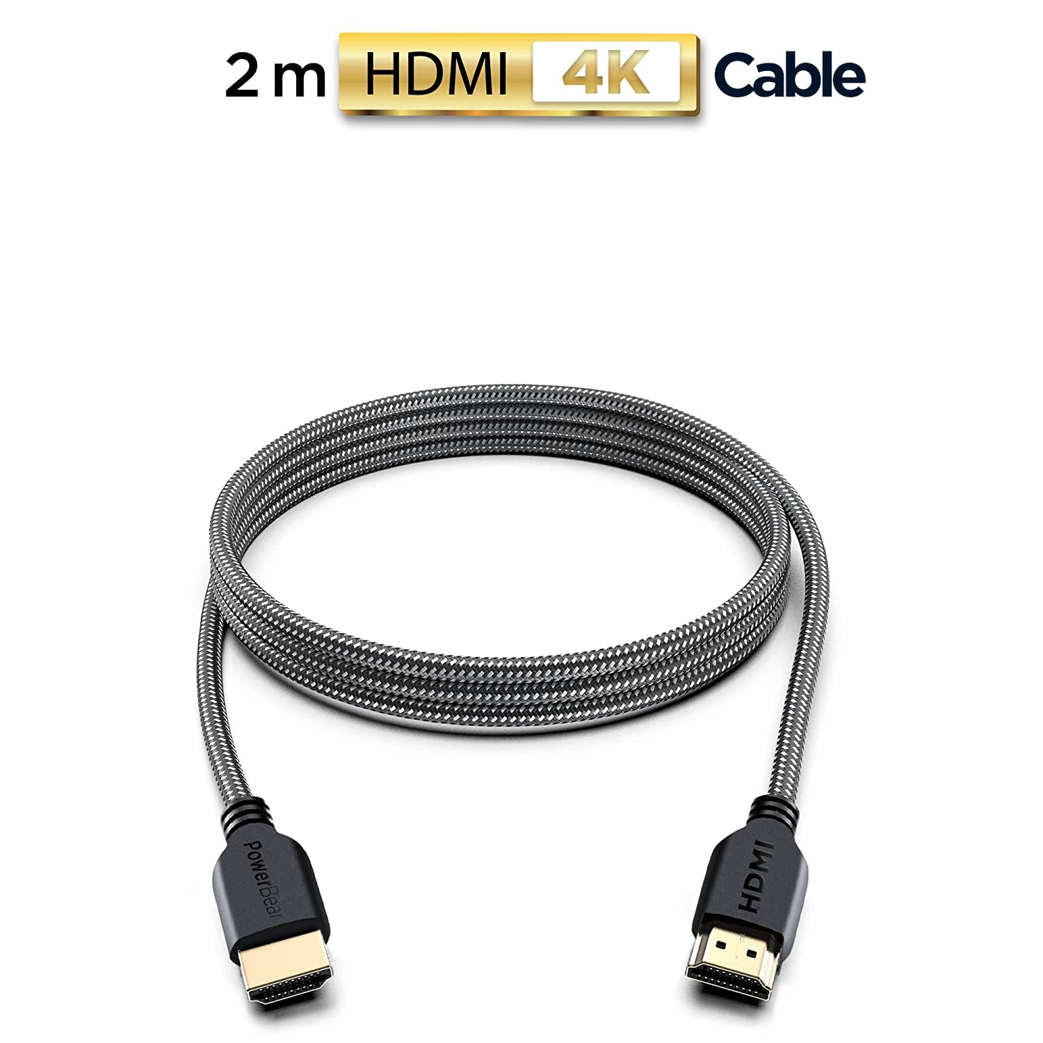 PowerBear 4K HDMI Cable 2 M | High Speed, Braided Nylon & Gold Connectors, 4K @ 60Hz, Ultra HD, 2K, 1080P, ARC & CL3 Rated | for Laptop, Monitor, PS5, PS4, Xbox One, Fire TV, Apple TV PC-1