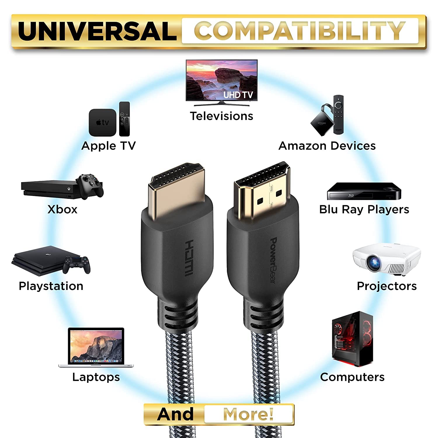 PowerBear 4K HDMI Cable 2 M | High Speed, Braided Nylon & Gold Connectors, 4K @ 60Hz, Ultra HD, 2K, 1080P, ARC & CL3 Rated | for Laptop, Monitor, PS5, PS4, Xbox One, Fire TV, Apple TV PC-4