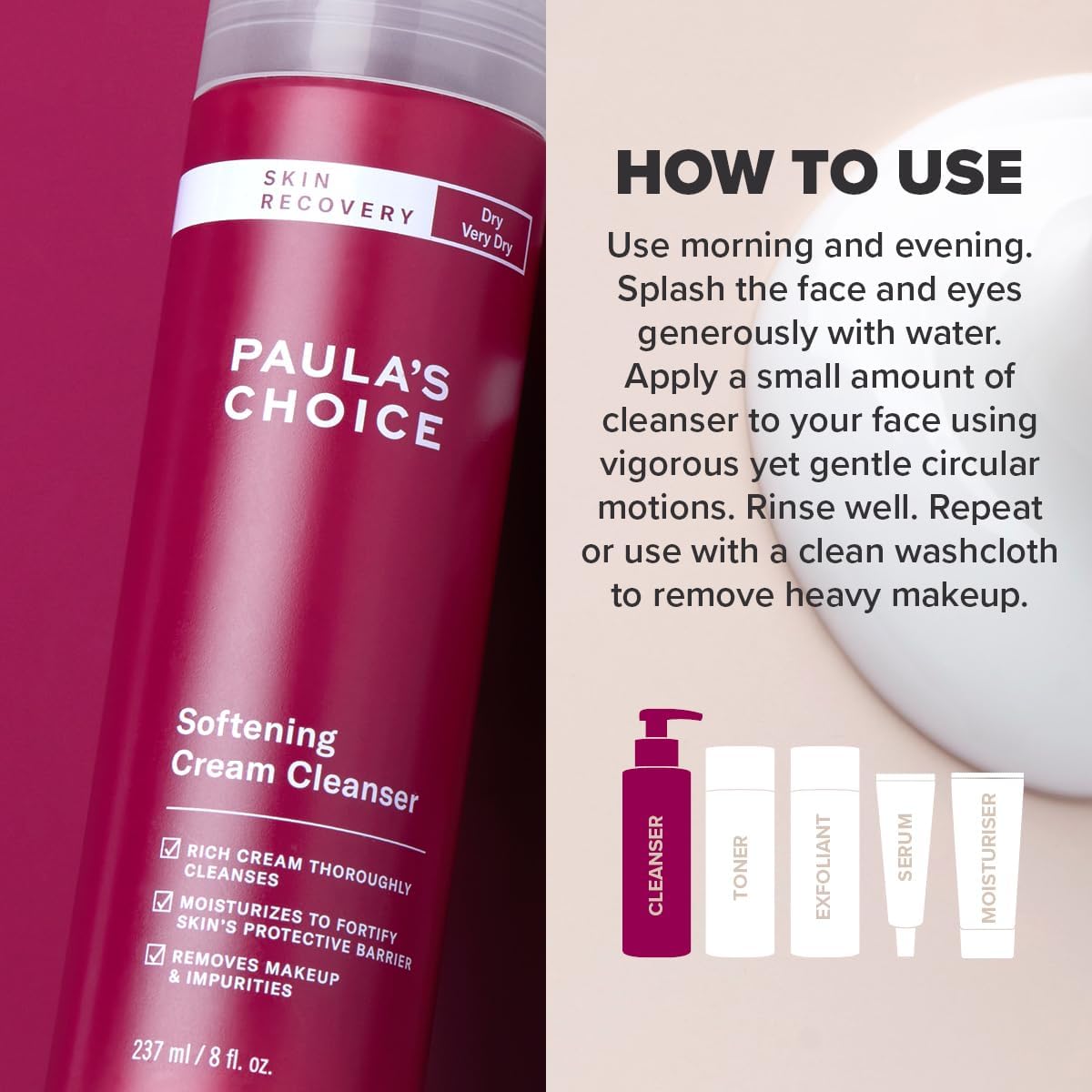 Paula's Choice SKIN RECOVERY Cream Cleanser - Gentle Facial Cleanser Removes Make Up with Beta Glucan - Hydrates Skin & Reduces Redness - Normal to Dry & Sensitive Skin - 237 ml-3