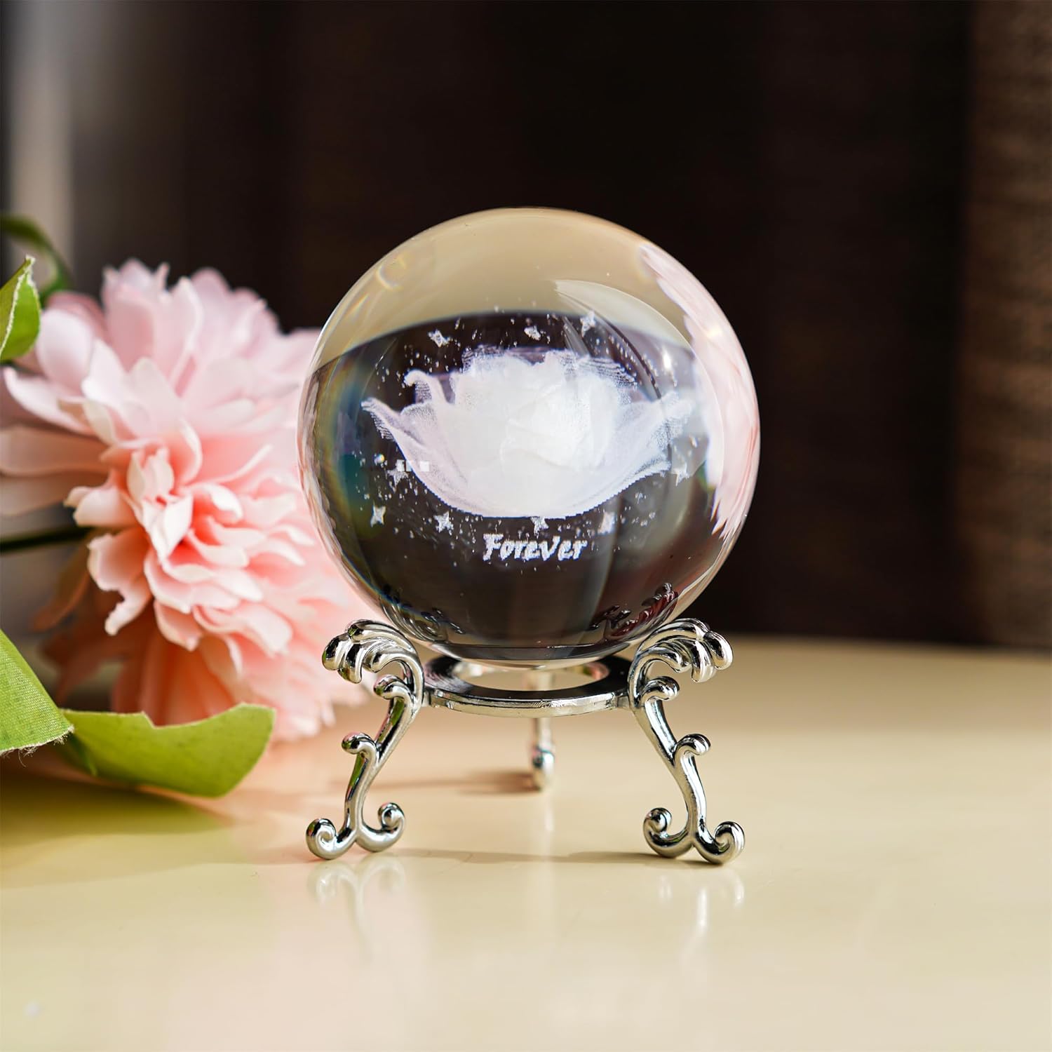 HDCRYSTALGIFTS 60mm 3D Inner Carving Rose Flower Crystal Ball Paperweight with Stand Fengshui Home Decor-3