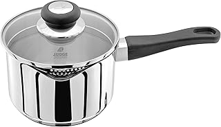 Judge Vista Stainless Steel Large Saucepan - 1.5L 16cm, Pouring Lip & Straining Glass Lid - Induction Ready, Oven Safe, Cool Touch Handle, Thick Base Even Heat Distribution, Soup, Milk