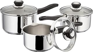 Judge Vista Draining J3A1A Set of 3 Stainless Steel Pans, 16cm, 18cm & 20cm Saucepans with Pouring Lip and Strainer Lids, Induction Ready, Oven Safe, 25 Year Guarantee