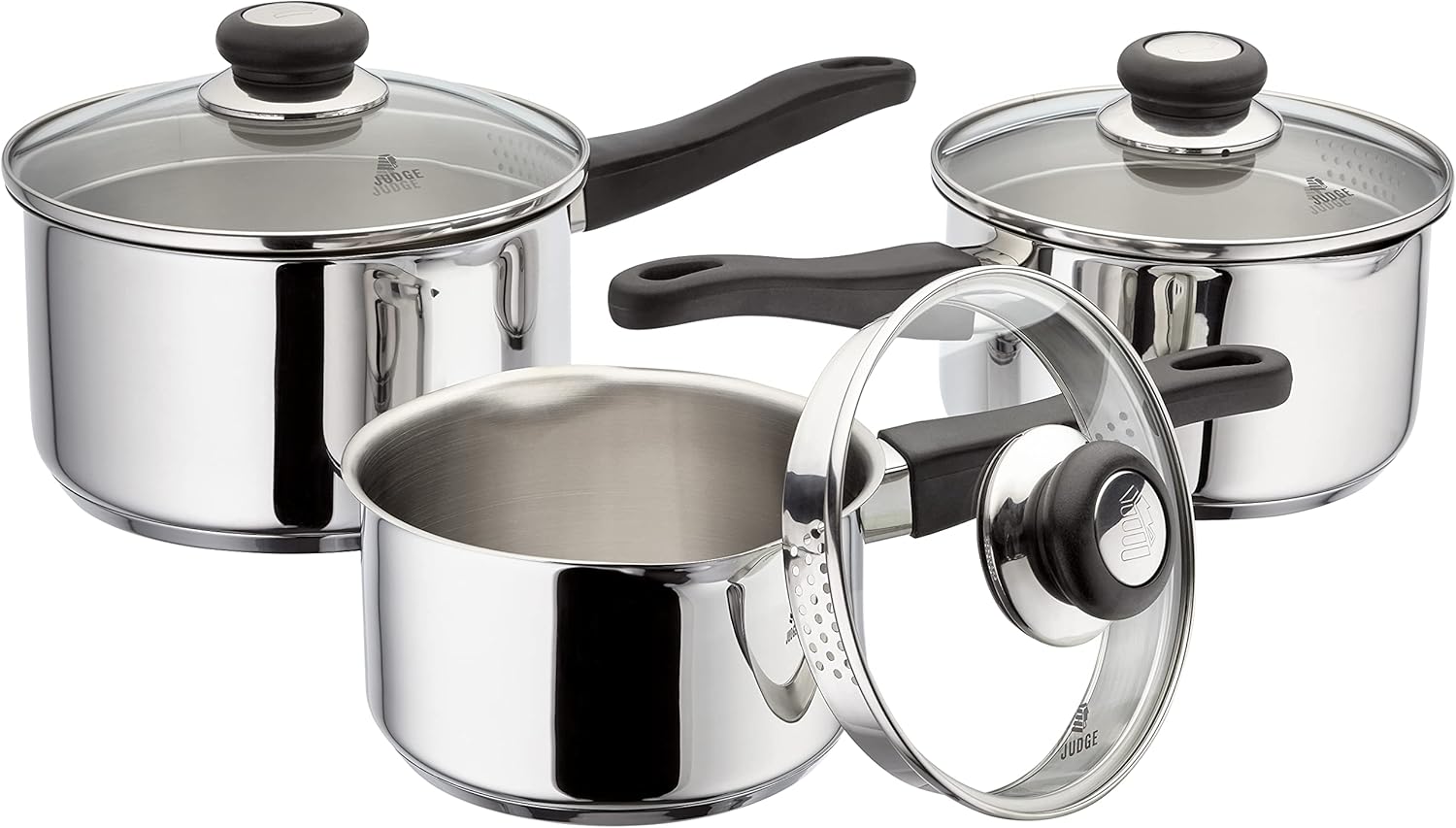 Judge Vista Draining J3A1A Set of 3 Stainless Steel Pans, 16cm, 18cm & 20cm Saucepans with Pouring Lip and Strainer Lids, Induction Ready, Oven Safe, 25 Year Guarantee-0