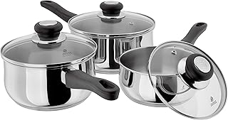 Judge Vista JJA1A Stainless Steel Set of Pans, 3-Piece Set, 16cm, 18cm & 20cm Saucepans, Classic Curved Shape, Vented Glass Lids, Induction Ready, Oven Safe, 25 Year Guarantee