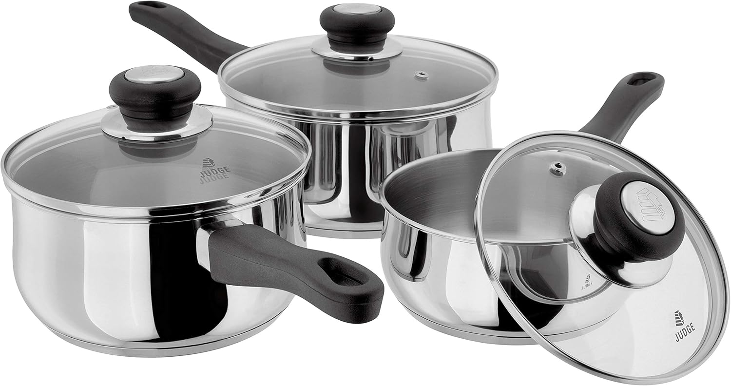 Judge Vista JJA1A Stainless Steel Set of Pans, 3-Piece Set, 16cm, 18cm & 20cm Saucepans, Classic Curved Shape, Vented Glass Lids, Induction Ready, Oven Safe, 25 Year Guarantee-0