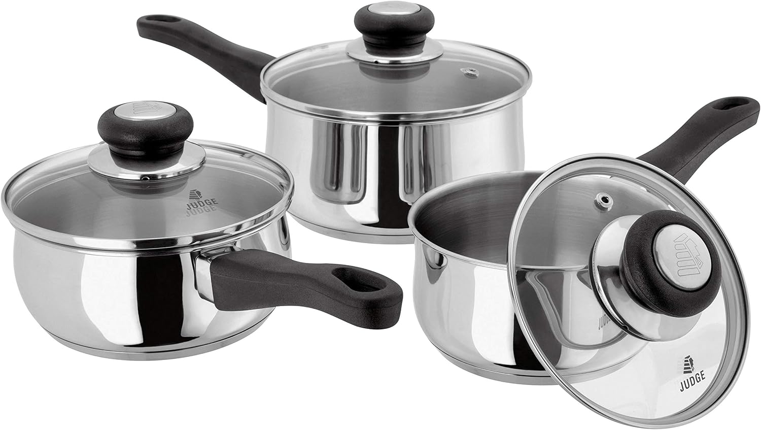 Judge Vista JJA2A Stainless Steel Set of Pans, 3-Piece Set, 14cm,16cm &18cm Saucepans, Classic Curved Shape, Vented Glass Lids, Induction Ready, Oven Safe, 25 Year Guarantee-0