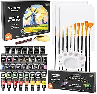 Shuttle Art 46 Pack Acrylic Paints Set, 30 Colours Acrylic Paint with 10 Brushes, 3 Blank Canvas,1 Palette, 1 Sponge, Complete Paint Set for Canvas Wood Ceramic, Art Paints Set for Beginners Adults