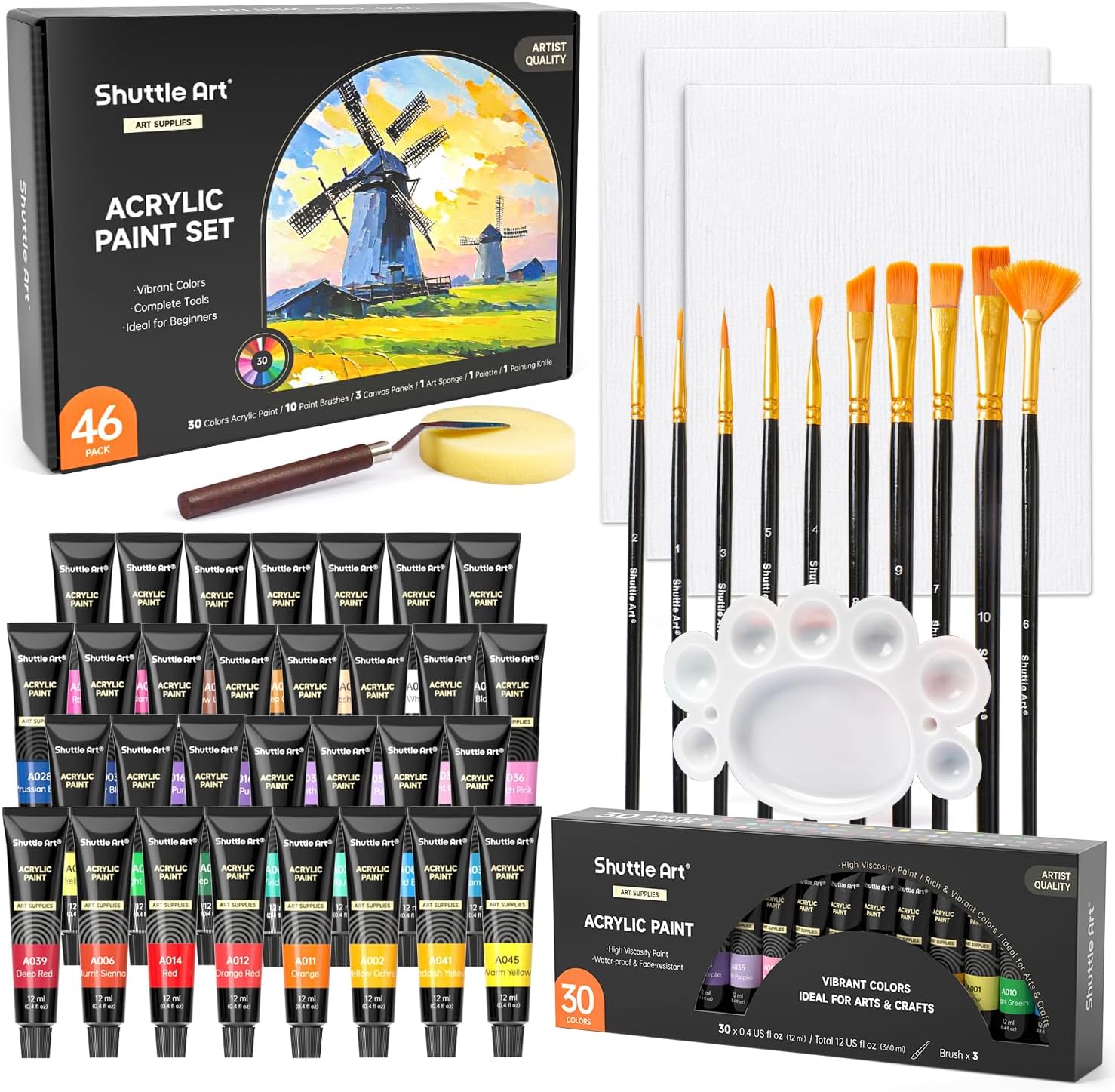 Shuttle Art 46 Pack Acrylic Paints Set, 30 Colours Acrylic Paint with 10 Brushes, 3 Blank Canvas,1 Palette, 1 Sponge, Complete Paint Set for Canvas Wood Ceramic, Art Paints Set for Beginners Adults-0