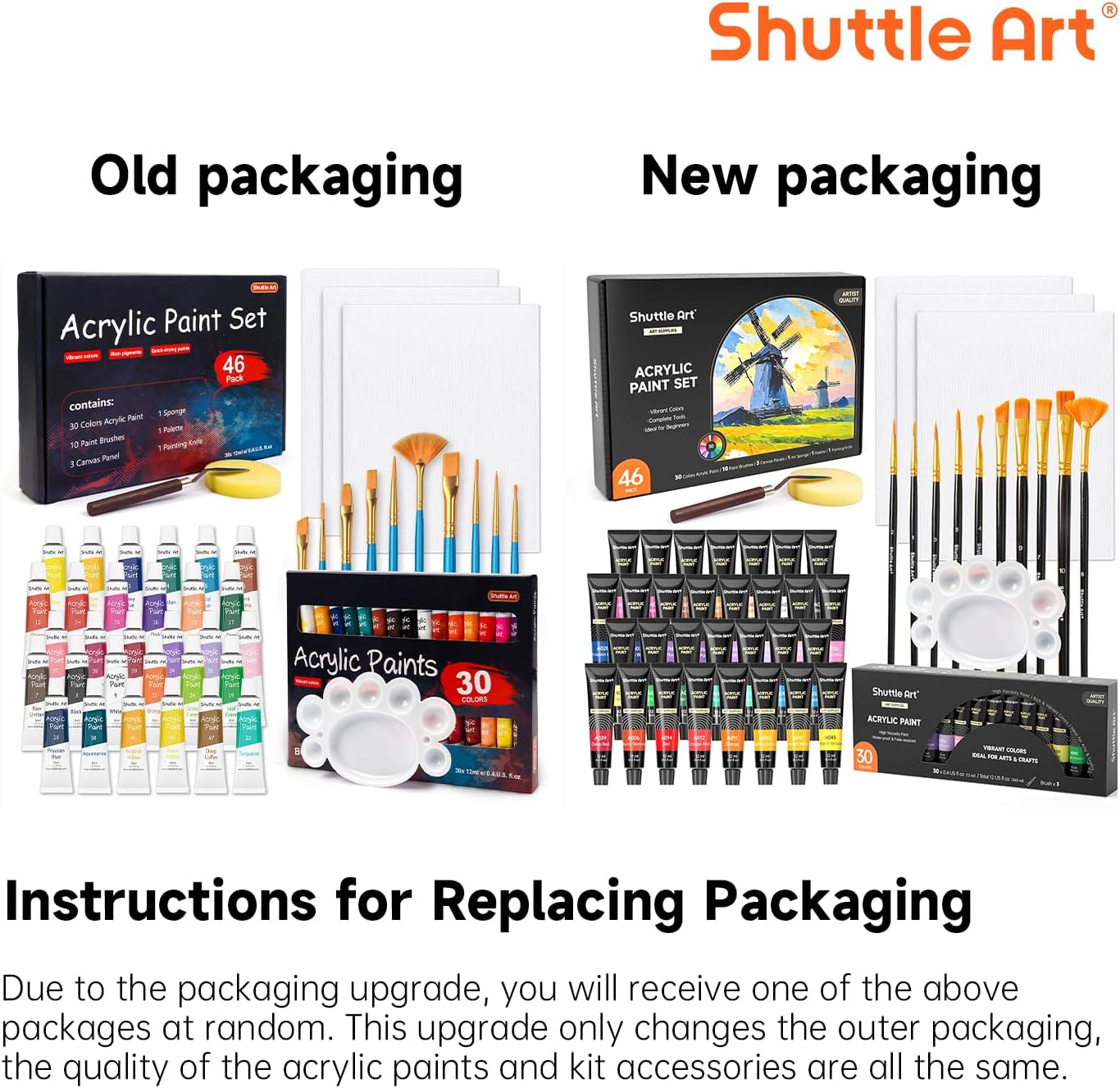 Shuttle Art 46 Pack Acrylic Paints Set, 30 Colours Acrylic Paint with 10 Brushes, 3 Blank Canvas,1 Palette, 1 Sponge, Complete Paint Set for Canvas Wood Ceramic, Art Paints Set for Beginners Adults-1