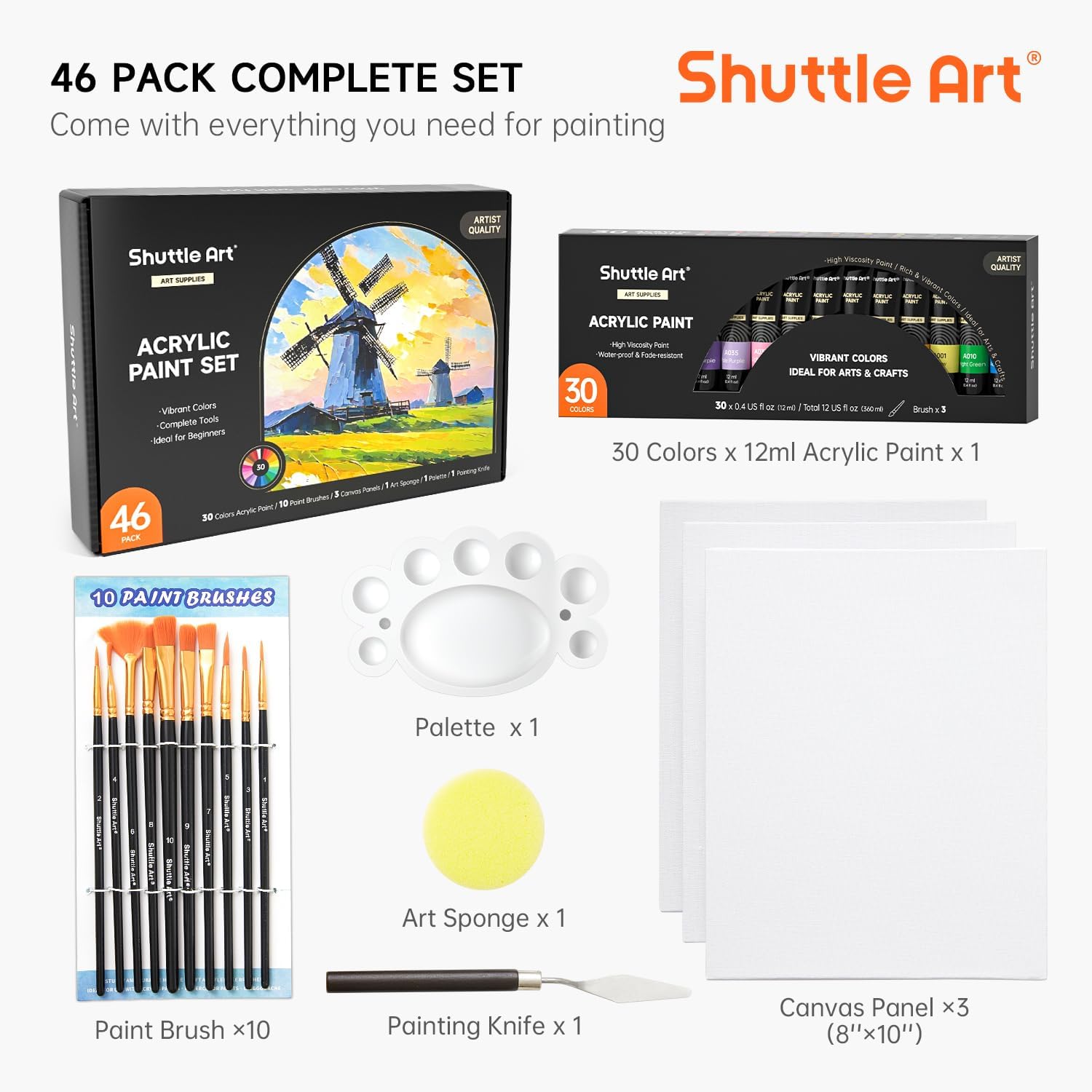 Shuttle Art 46 Pack Acrylic Paints Set, 30 Colours Acrylic Paint with 10 Brushes, 3 Blank Canvas,1 Palette, 1 Sponge, Complete Paint Set for Canvas Wood Ceramic, Art Paints Set for Beginners Adults-2