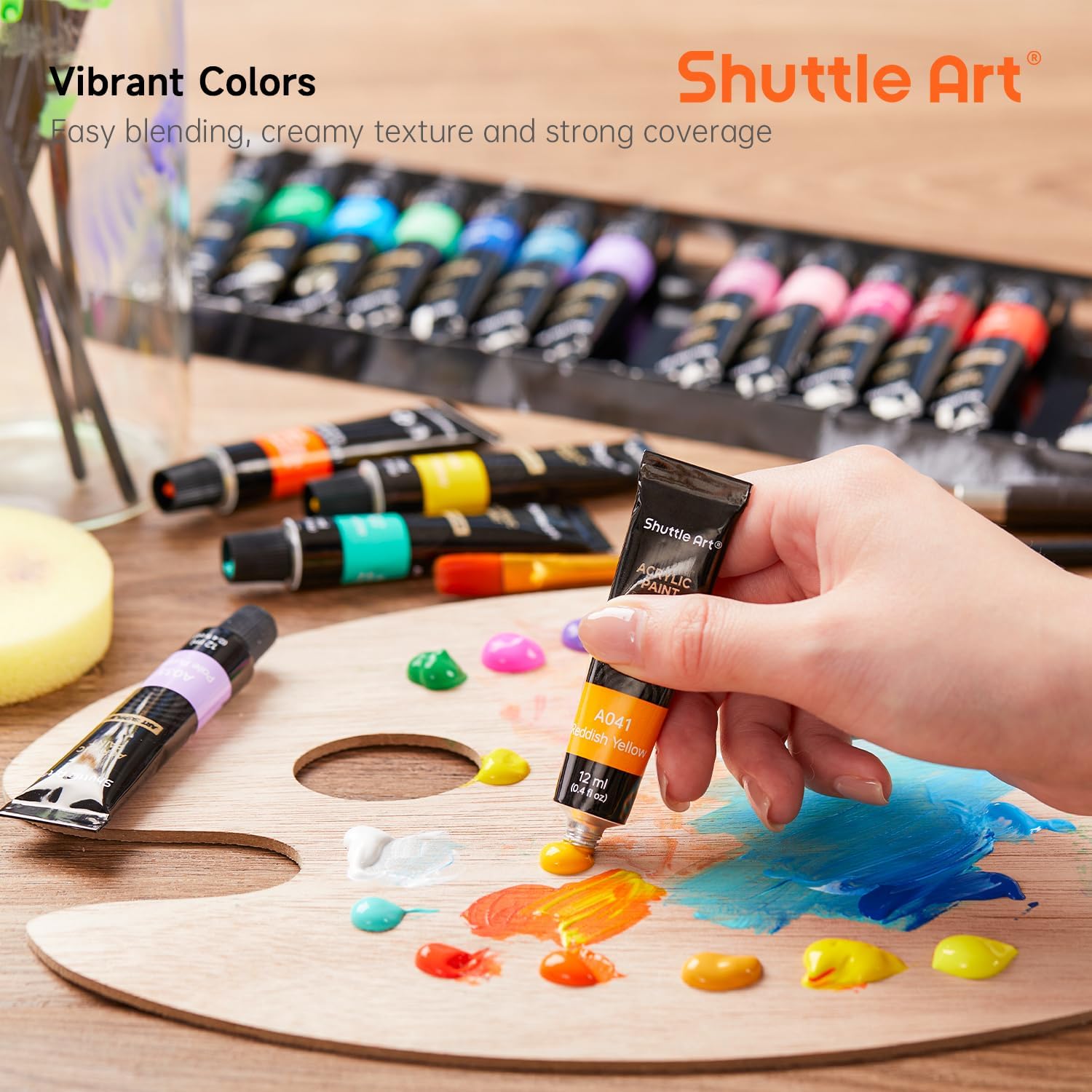 Shuttle Art 46 Pack Acrylic Paints Set, 30 Colours Acrylic Paint with 10 Brushes, 3 Blank Canvas,1 Palette, 1 Sponge, Complete Paint Set for Canvas Wood Ceramic, Art Paints Set for Beginners Adults-4