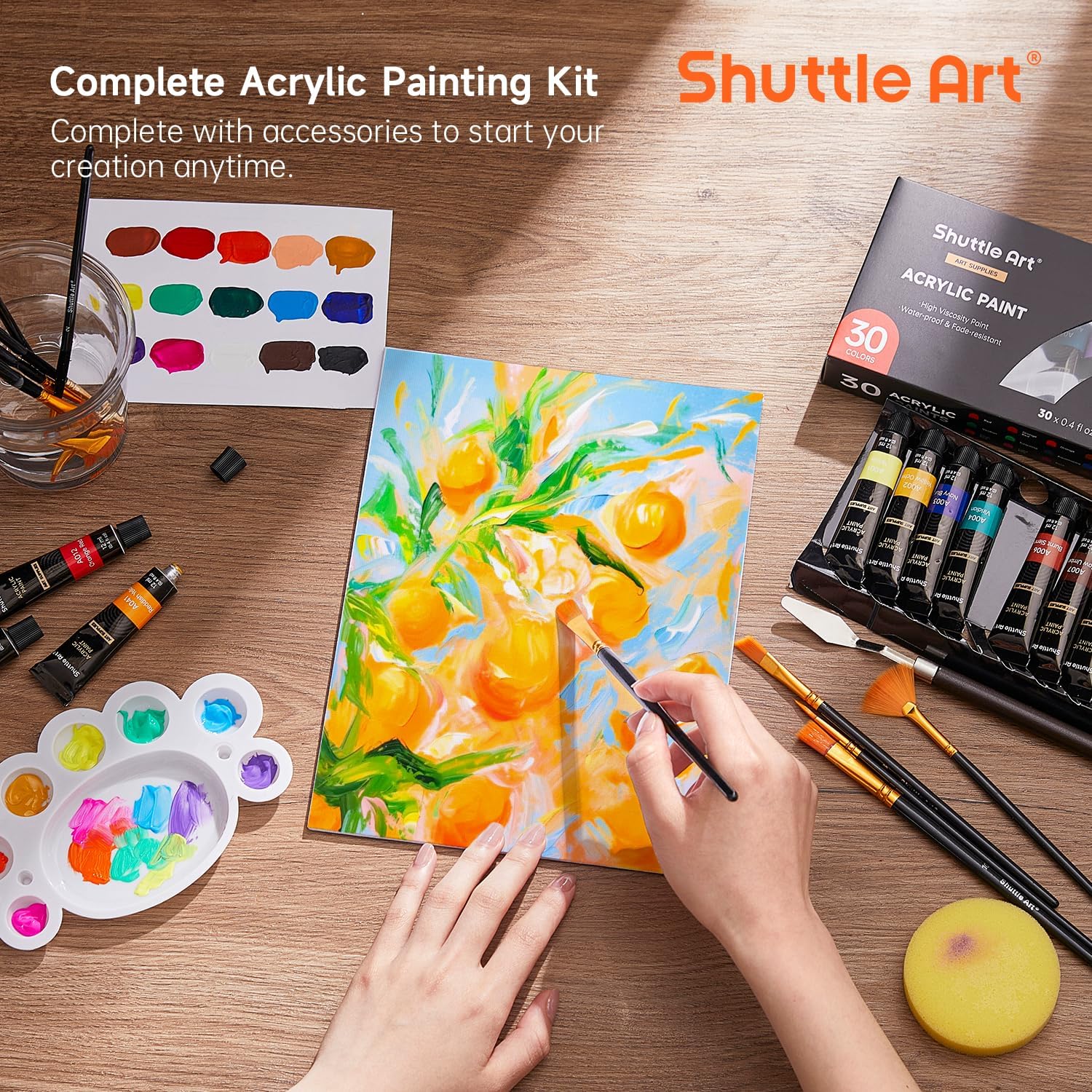 Shuttle Art 46 Pack Acrylic Paints Set, 30 Colours Acrylic Paint with 10 Brushes, 3 Blank Canvas,1 Palette, 1 Sponge, Complete Paint Set for Canvas Wood Ceramic, Art Paints Set for Beginners Adults-5