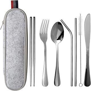 nuoshen Cutlery Set,Portable Stainless Steel Utensils Reusable Travel Camping Cutlery Set Knive/Fork/Spoon/Chopsticks/Straws/Brush/Portable Case(8 Piece)