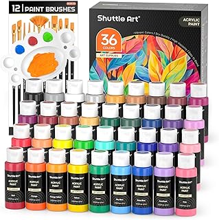 Shuttle Art Acrylic Paint Set, 36 Colours (60ml, 2oz) with 3 Brushes & 1 Palette, Craft painting, Rich Pigments,Non-Toxic for Artists,Beginners and Kids on Rocks, Crafts, Canvas,Wood, Fabric, Ceramic