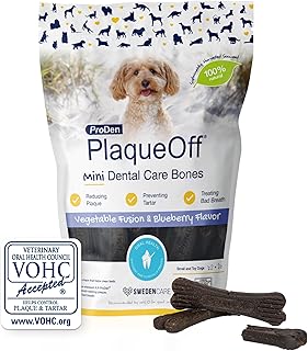 ProDen PlaqueOff 20 Mini Dental Bones for Small Dogs Tartar, Plaque & Bad Breath Remover, Improves Overall Oral Health, Vegetable Fusion and Blueberry