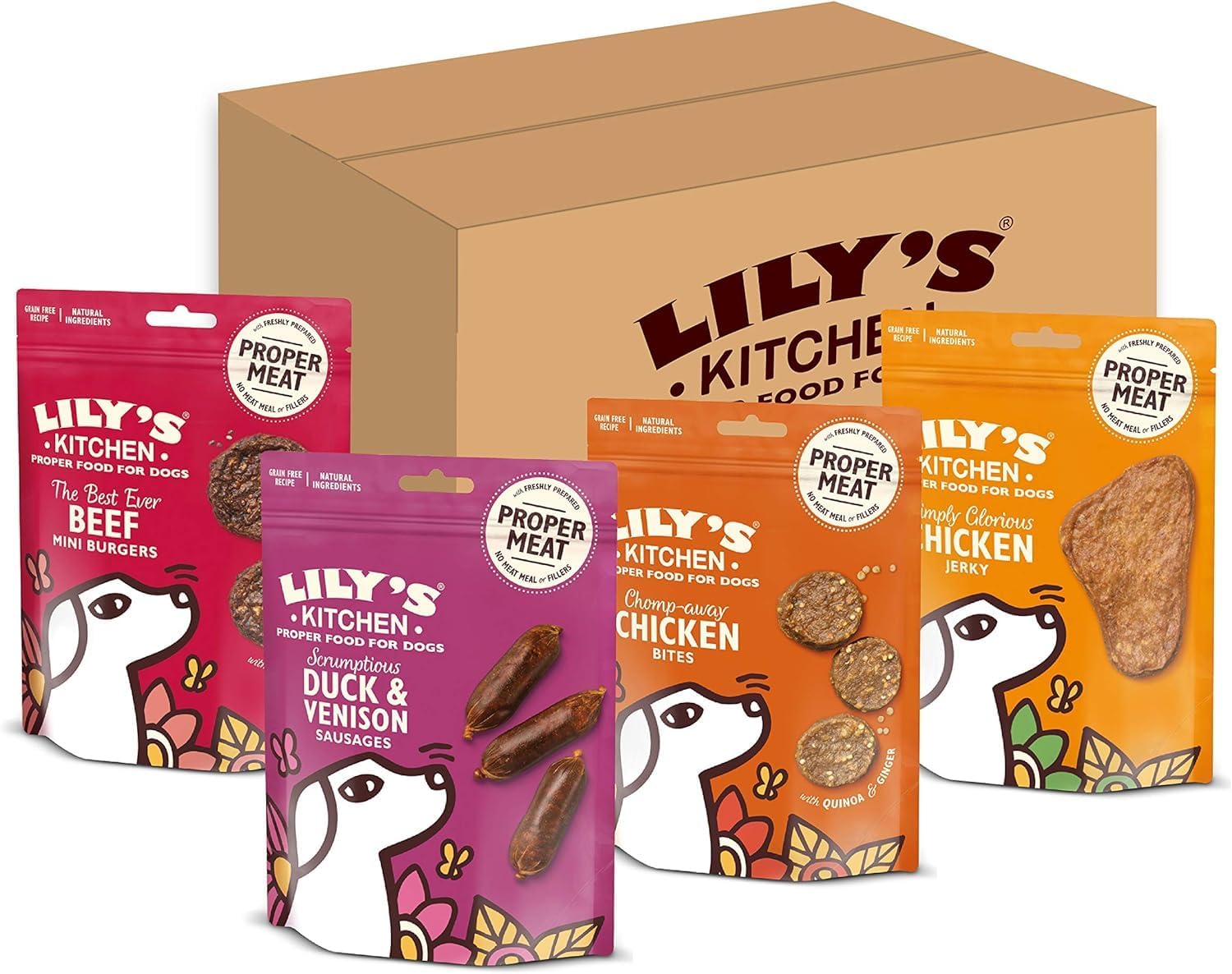 Lily's Kitchen Natural Dog Treats Multipack - Beef Mini Burgers, Duck and Venison Sausages, Chicken Bites & Chicken Jerky (8 x 70 g)-0