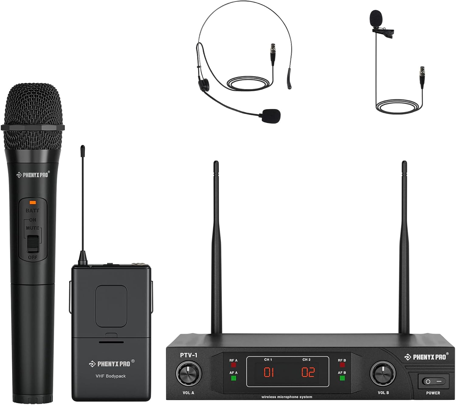 Phenyx Pro Wireless Microphone System, VHF Wireless Mic Set with Handheld Microphone/Bodypack/Headset/Lapel Mics, Stable Signal, Cordless Mic for Singing, Karaoke, Church, DJ (PTV-1B)-0