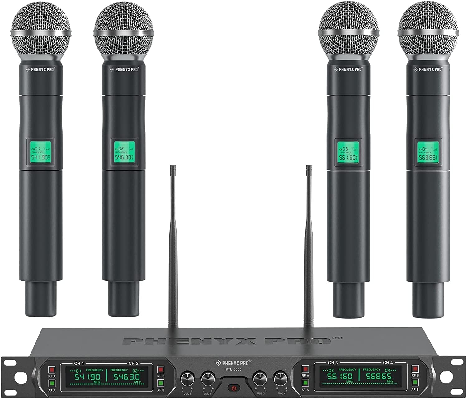 Phenyx Pro Wireless Microphone System, 4-Channel UHF Wireless Mic, Fixed Frequency Metal Cordless Mic with 4 Handheld Dynamic Microphones, 260ft Range, Microphone for Singing,Church(PTU-5000-4H)-0