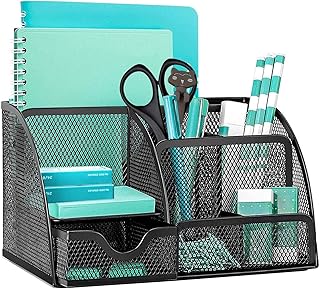 OKPOW Mesh Desk Organiser,Multi-Use Desk Tidy & Pen Holder with 6 storage and 1 Slide Drawer,Stationary Organiser for School,Home,Office desktop supplies (Black)