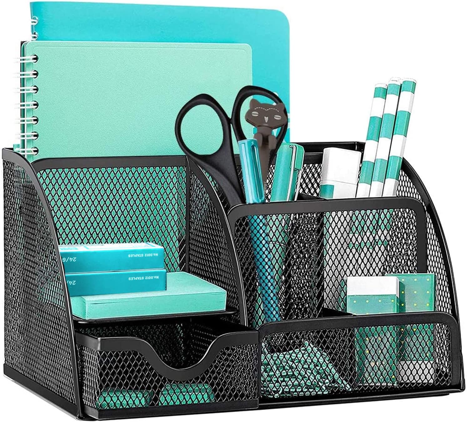 OKPOW Mesh Desk Organiser,Multi-Use Desk Tidy & Pen Holder with 6 storage and 1 Slide Drawer,Stationary Organiser for School,Home,Office desktop supplies (Black)-0