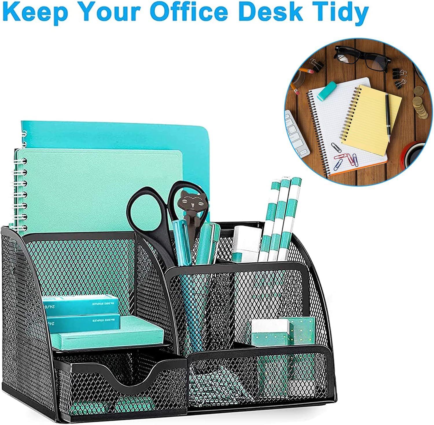 OKPOW Mesh Desk Organiser,Multi-Use Desk Tidy & Pen Holder with 6 storage and 1 Slide Drawer,Stationary Organiser for School,Home,Office desktop supplies (Black)-2