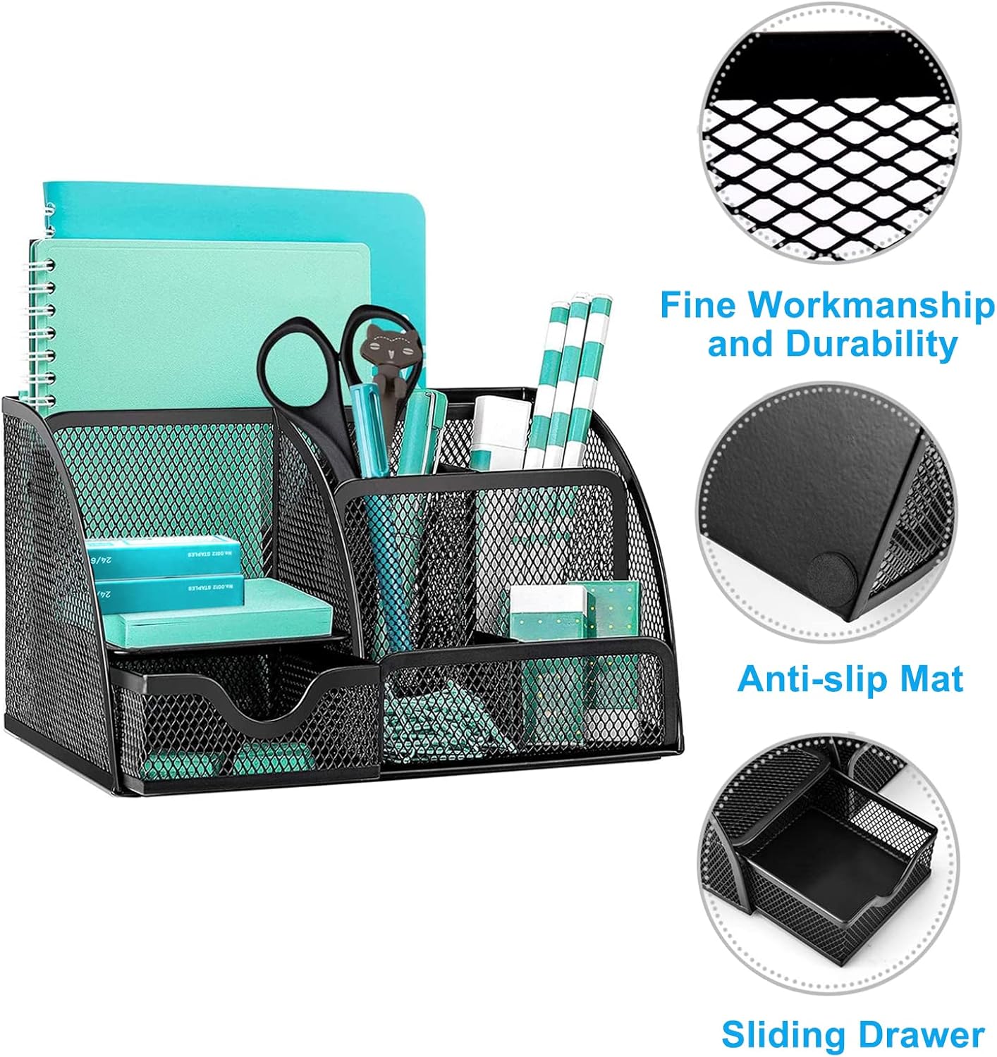 OKPOW Mesh Desk Organiser,Multi-Use Desk Tidy & Pen Holder with 6 storage and 1 Slide Drawer,Stationary Organiser for School,Home,Office desktop supplies (Black)-3