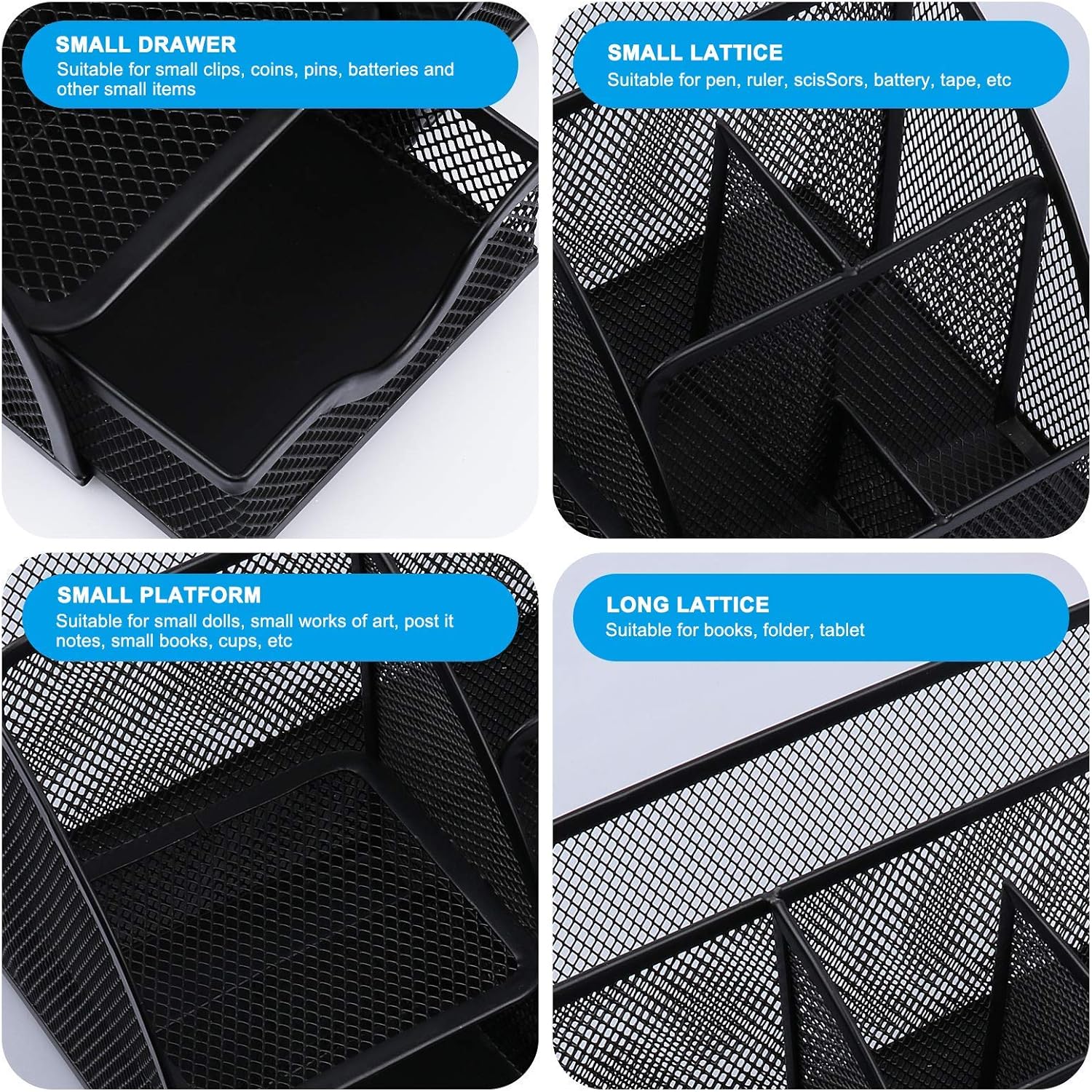 OKPOW Mesh Desk Organiser,Multi-Use Desk Tidy & Pen Holder with 6 storage and 1 Slide Drawer,Stationary Organiser for School,Home,Office desktop supplies (Black)-4