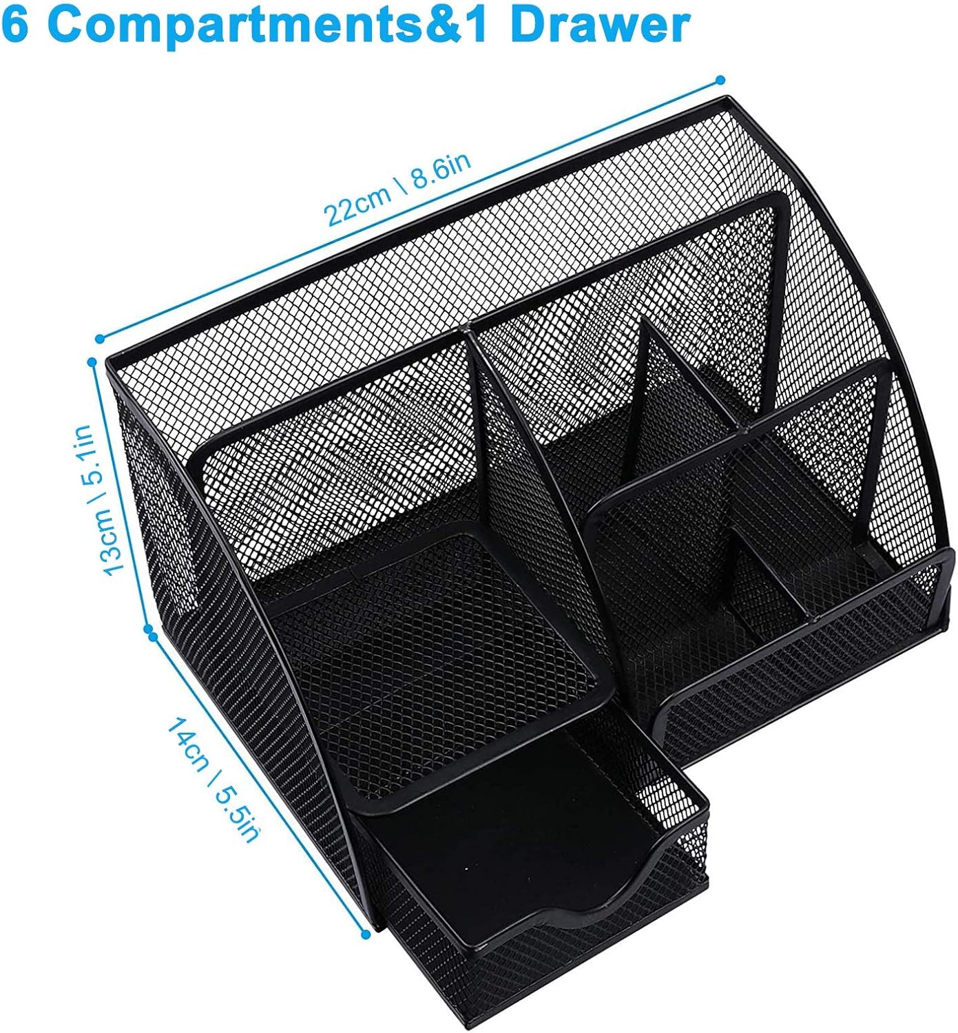 OKPOW Mesh Desk Organiser,Multi-Use Desk Tidy & Pen Holder with 6 storage and 1 Slide Drawer,Stationary Organiser for School,Home,Office desktop supplies (Black)-5