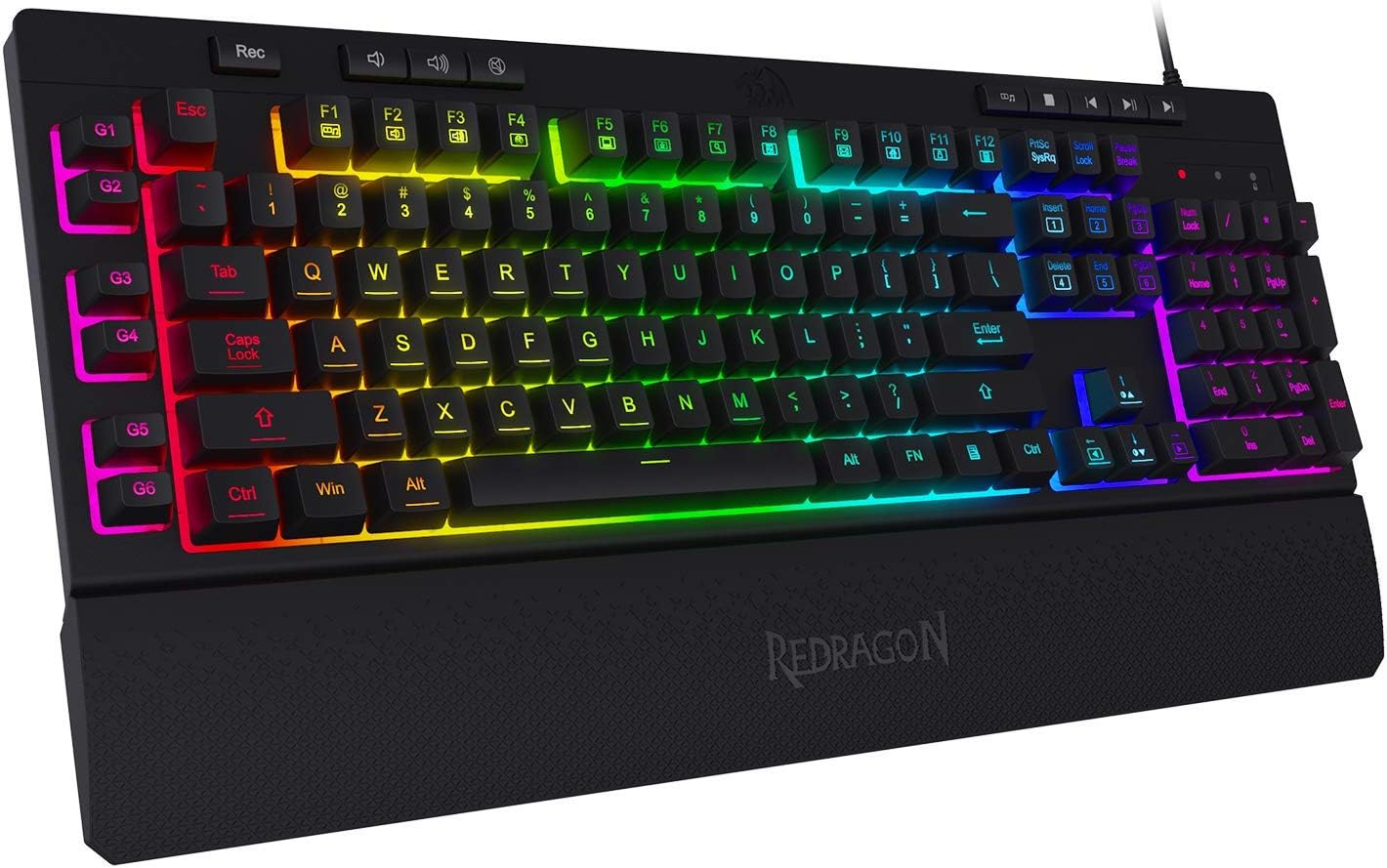 Redragon K512 Shiva RGB Backlit Membrane Gaming Keyboard US-Layout with Multimedia Keys, Linear Mechanical-Feel Switch, 6 Extra On-Board Macro Keys, Dedicated Media Control, Detachable Wrist Rest-0