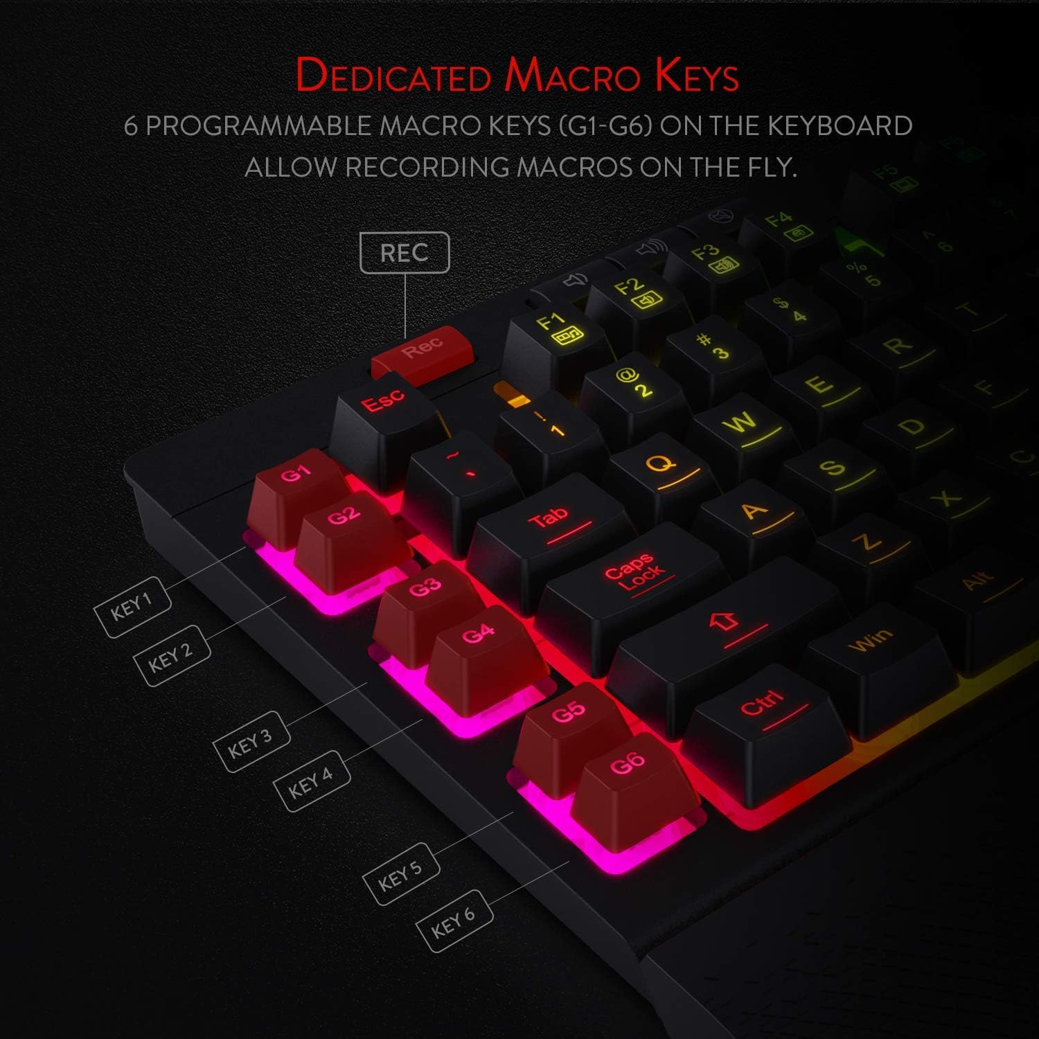 Redragon K512 Shiva RGB Backlit Membrane Gaming Keyboard US-Layout with Multimedia Keys, Linear Mechanical-Feel Switch, 6 Extra On-Board Macro Keys, Dedicated Media Control, Detachable Wrist Rest-1