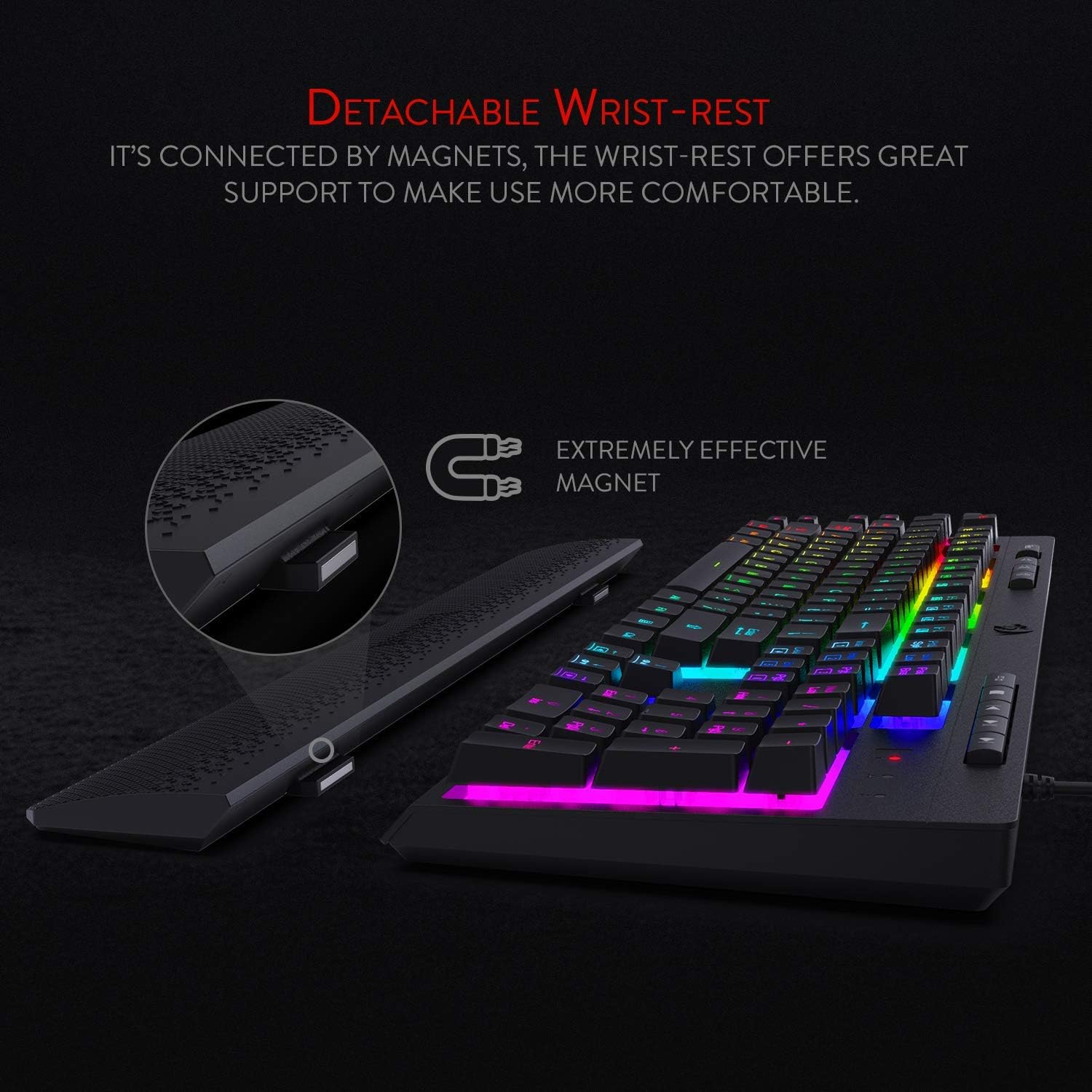 Redragon K512 Shiva RGB Backlit Membrane Gaming Keyboard US-Layout with Multimedia Keys, Linear Mechanical-Feel Switch, 6 Extra On-Board Macro Keys, Dedicated Media Control, Detachable Wrist Rest-3