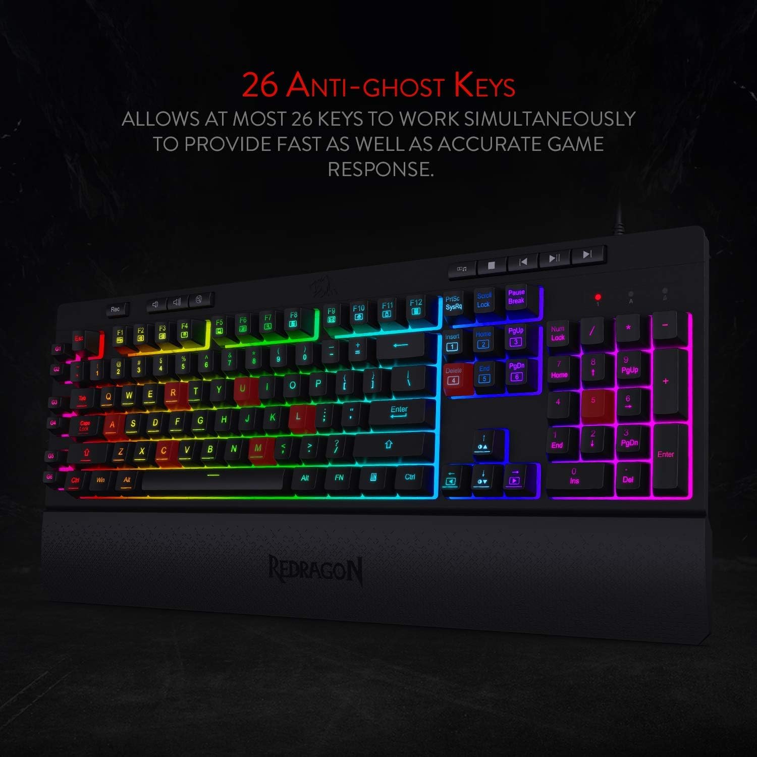 Redragon K512 Shiva RGB Backlit Membrane Gaming Keyboard US-Layout with Multimedia Keys, Linear Mechanical-Feel Switch, 6 Extra On-Board Macro Keys, Dedicated Media Control, Detachable Wrist Rest-5