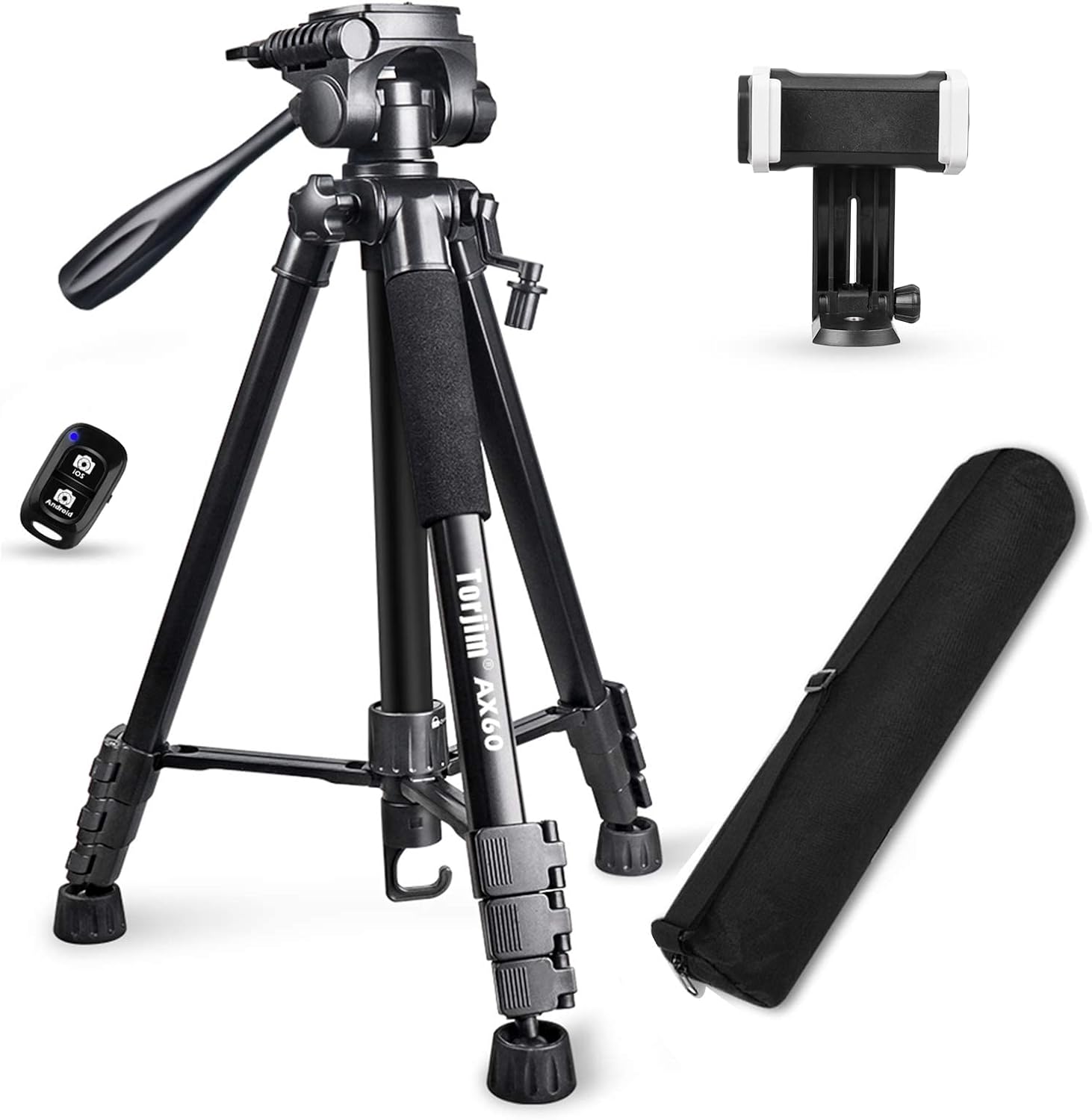 Torjim 60” Camera Tripod with Carry Bag, Lightweight Travel Aluminum Professional Tripod Stand (5kg/11lb Load) with Wireless Remote for DSLR SLR Cameras Compatible with Phone-Black-0