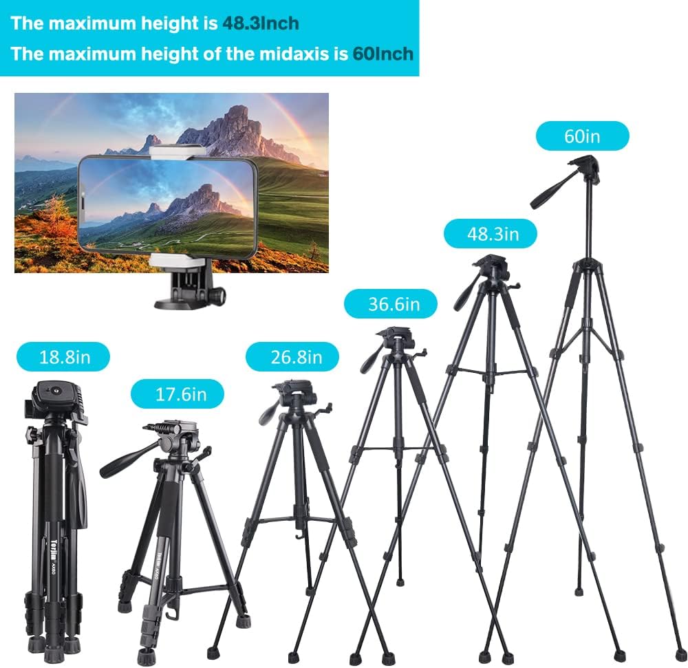 Torjim 60” Camera Tripod with Carry Bag, Lightweight Travel Aluminum Professional Tripod Stand (5kg/11lb Load) with Wireless Remote for DSLR SLR Cameras Compatible with Phone-Black-2