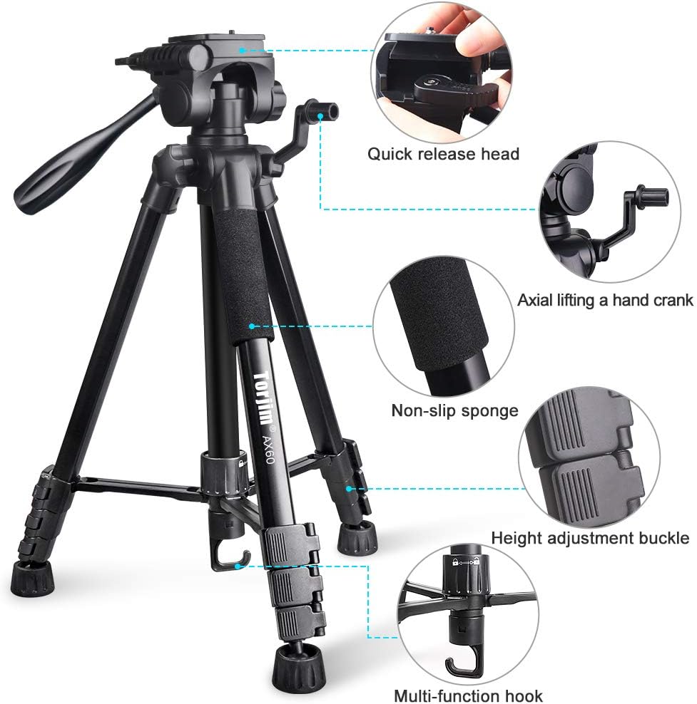 Torjim 60” Camera Tripod with Carry Bag, Lightweight Travel Aluminum Professional Tripod Stand (5kg/11lb Load) with Wireless Remote for DSLR SLR Cameras Compatible with Phone-Black-3