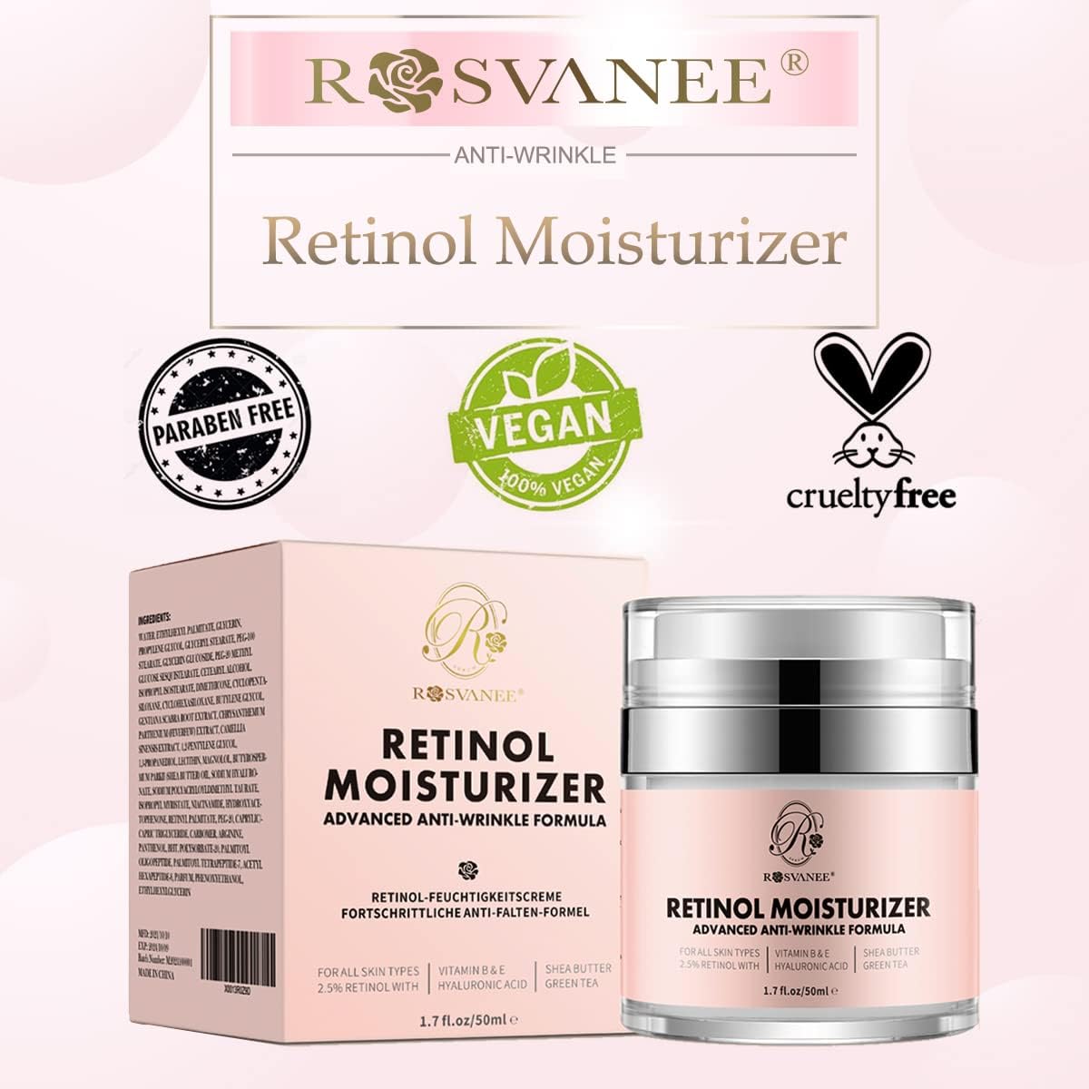 ROSVANEE Retinol Moisturizer Anti Aging Cream for Face, Neck and Eye with 2.5% Retinol, Hyaluronic Acid and Vitamins E & B5, Anti Wrinkle Deep Hydration Cream for Men & Women-6