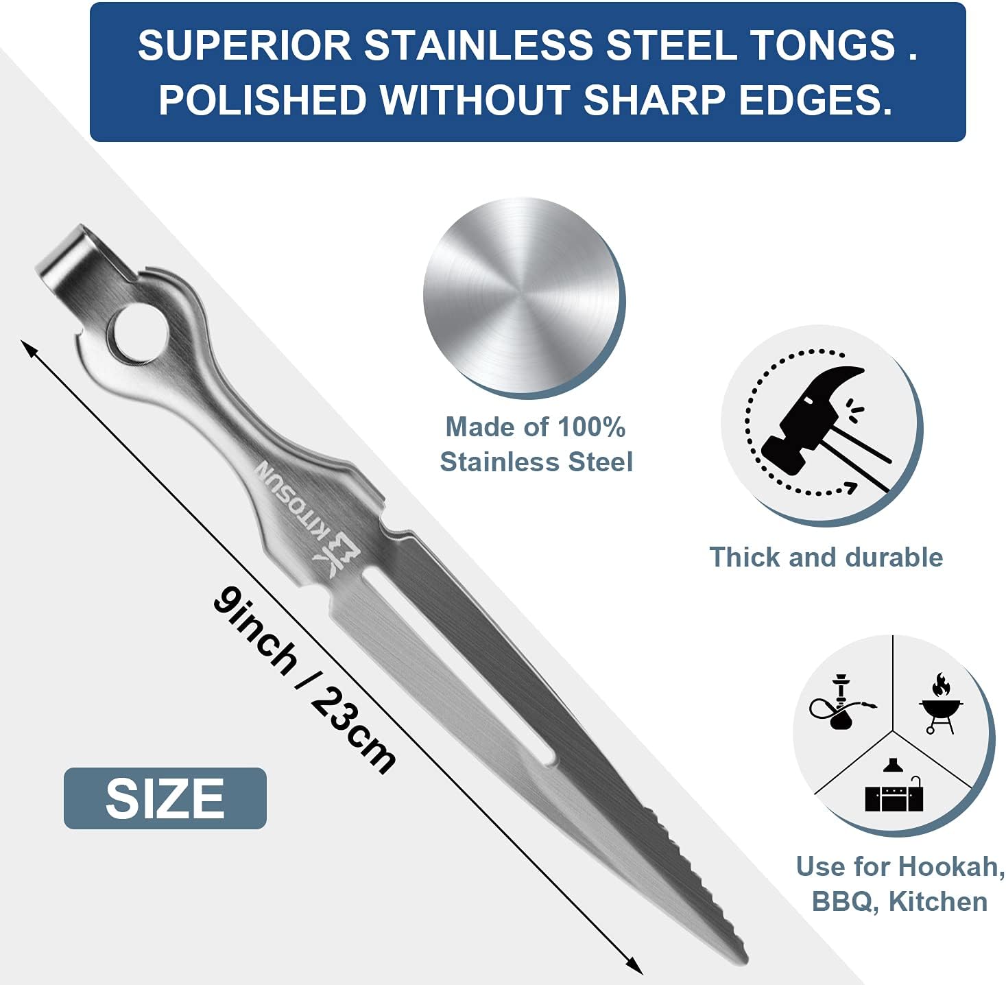 Hookah Tongs Superior Polished Hookah Charcoal Tongs Thick Stainless Metal Narguile Shisha Coals Tongs Durable Heavy Duty Hookah Accessories BBQ Kitchen Clips 8.8" Long Good Handy (Chromium)-2